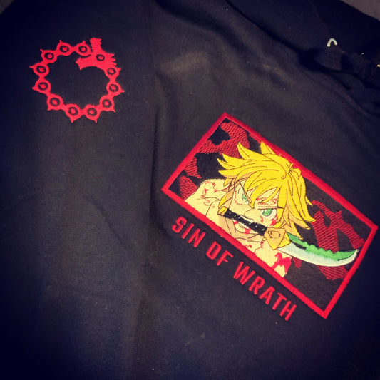 LIMITED SEVEN DEADLY SINS MELIODAS SIN OF WRAITH EMBROIDERED ANIME HOODIE